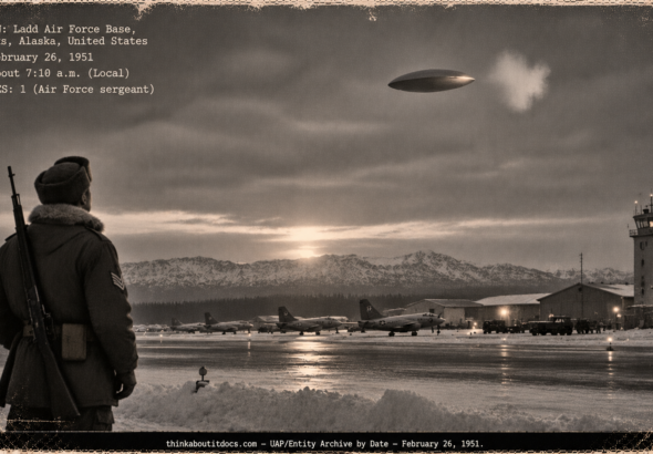 An Air Force guard in a parka looks up at a flattened grey disc hovering over a snowy Ladd AFB runway, February 1951.
