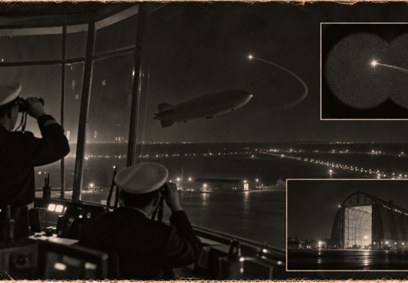 Illustration of two Navy tower operators with binoculars watching a small light curve sharply over the airship field at NAS Lakehurst at night, December 27, 1950