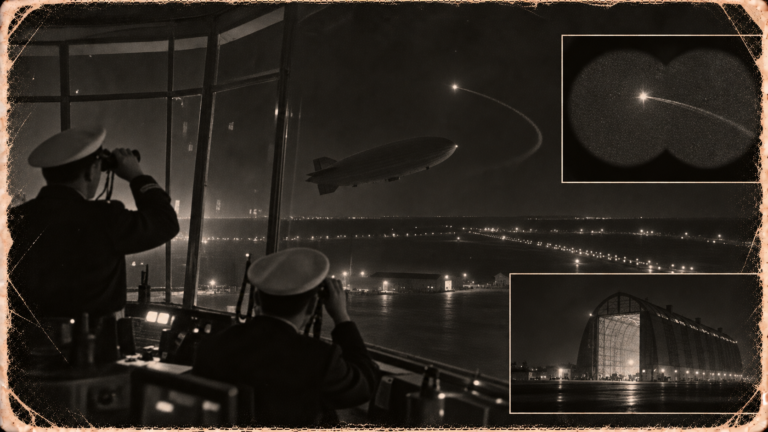 Illustration of two Navy tower operators with binoculars watching a small light curve sharply over the airship field at NAS Lakehurst at night, December 27, 1950