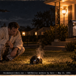 A homeowner looking at a steaming tar-coated glass sphere next to a dented mailbox on a suburban porch at night in 1952.