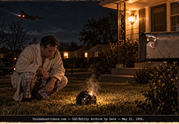 A homeowner looking at a steaming tar-coated glass sphere next to a dented mailbox on a suburban porch at night in 1952.