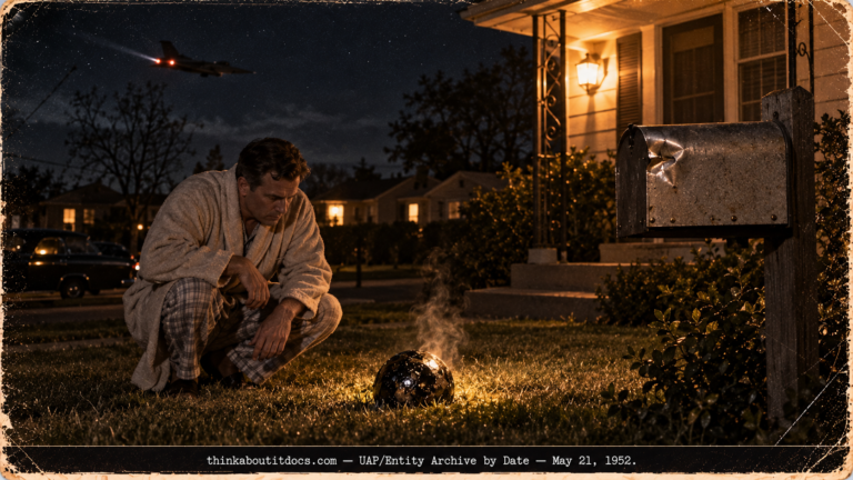 A homeowner looking at a steaming tar-coated glass sphere next to a dented mailbox on a suburban porch at night in 1952.