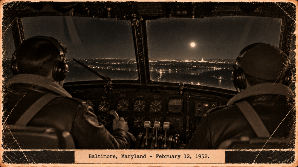 Illustration of two MATS pilots in a C-47 cockpit watching a bright white light hover near the horizon toward Washington, February 12, 1952