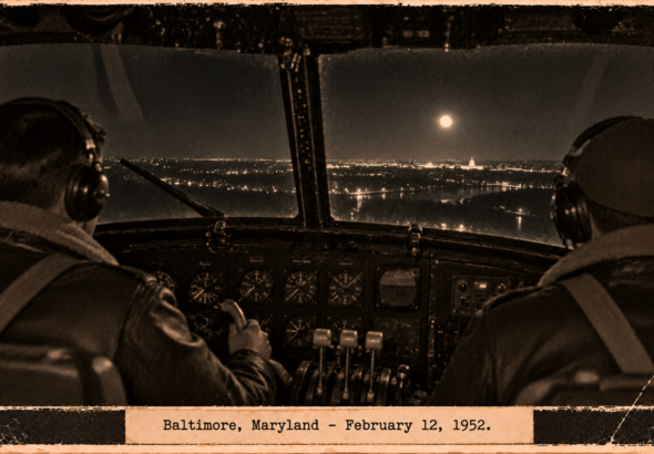 Illustration of two MATS pilots in a C-47 cockpit watching a bright white light hover near the horizon toward Washington, February 12, 1952