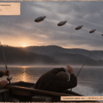 Illustration of two fishermen on Marrowbone Lake, Tennessee, watching a flock of dark bomb-shaped objects pass low overhead on March 29, 1950