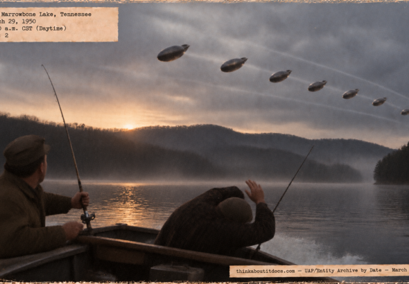 Illustration of two fishermen on Marrowbone Lake, Tennessee, watching a flock of dark bomb-shaped objects pass low overhead on March 29, 1950