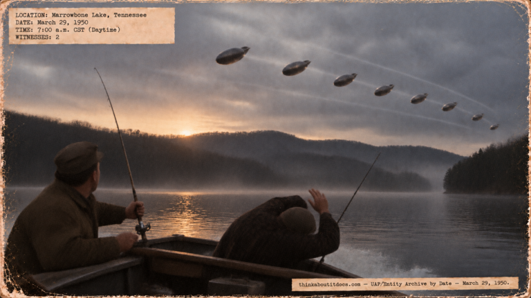 Illustration of two fishermen on Marrowbone Lake, Tennessee, watching a flock of dark bomb-shaped objects pass low overhead on March 29, 1950