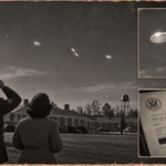 Illustration of four small white discs crossing the sky over brick base quarters at Maxwell Air Force Base, Alabama, November 23, 1950