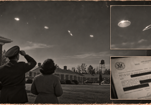 Illustration of four small white discs crossing the sky over brick base quarters at Maxwell Air Force Base, Alabama, November 23, 1950