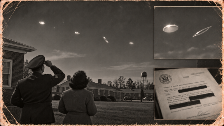 Illustration of four small white discs crossing the sky over brick base quarters at Maxwell Air Force Base, Alabama, November 23, 1950