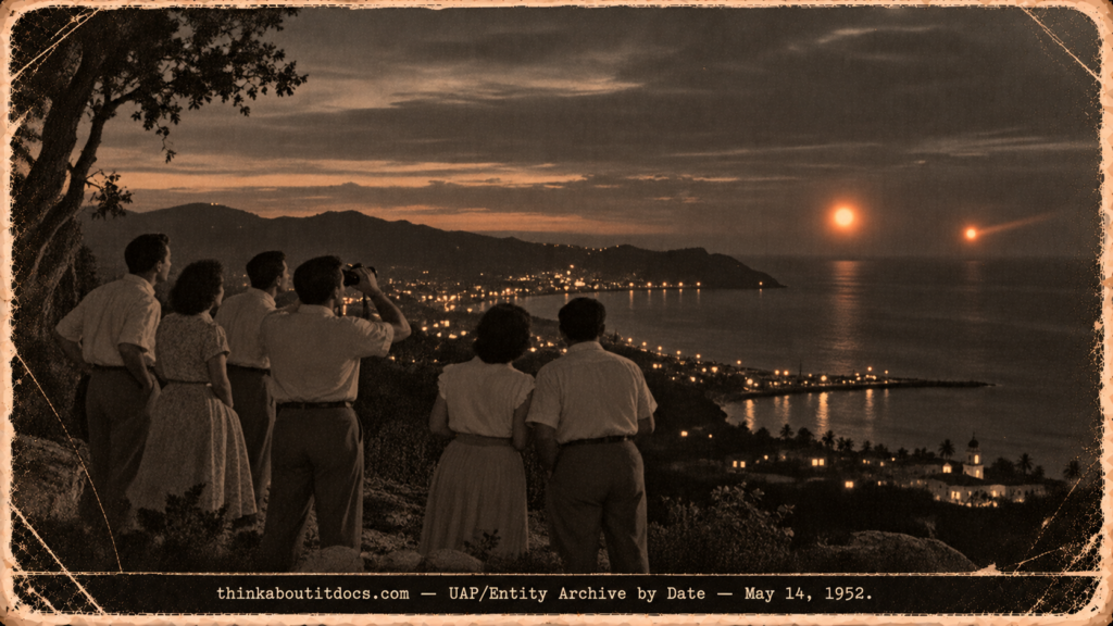 Five people on a cliff above Mayagüez Bay watching two bright orange spheres over the ocean at dusk in 1952.