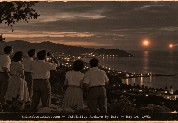 Five people on a cliff above Mayagüez Bay watching two bright orange spheres over the ocean at dusk in 1952.