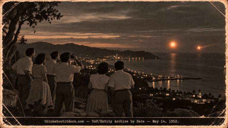Five people on a cliff above Mayagüez Bay watching two bright orange spheres over the ocean at dusk in 1952.