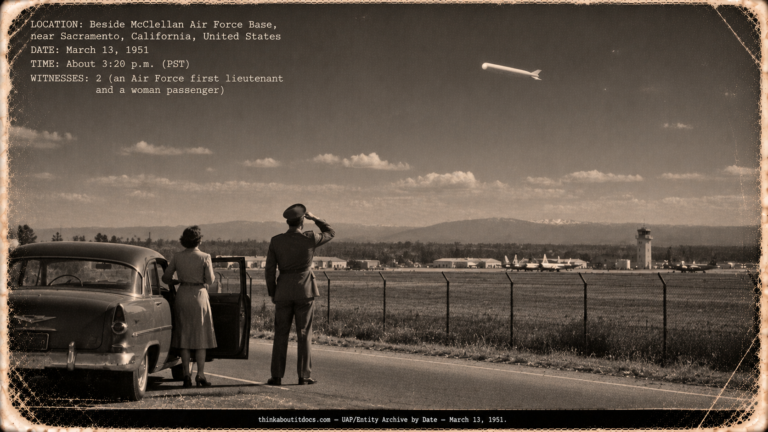An Air Force lieutenant and a woman beside a parked car watching a white twin-tailed cylinder over Sacramento, March 1951