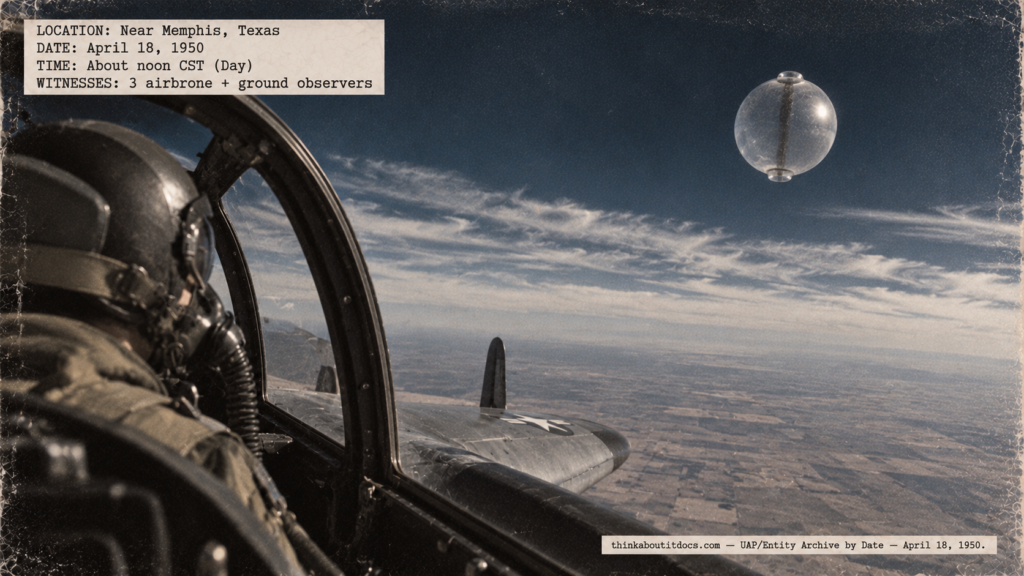 Illustration of a Northrop F-61C pilot at 50,000 feet watching a silvery translucent sphere near the base of a cirrus deck over Texas on April 18, 1950