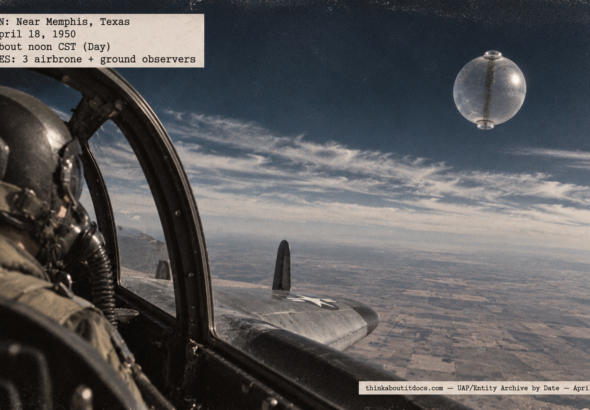 Illustration of a Northrop F-61C pilot at 50,000 feet watching a silvery translucent sphere near the base of a cirrus deck over Texas on April 18, 1950