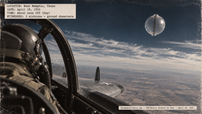 Illustration of a Northrop F-61C pilot at 50,000 feet watching a silvery translucent sphere near the base of a cirrus deck over Texas on April 18, 1950