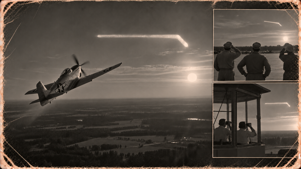 Illustration of an F-47 fighter chasing a long white bar-shaped object over Mississippi near sunset, November 13, 1950