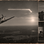 Illustration of an F-47 fighter chasing a long white bar-shaped object over Mississippi near sunset, November 13, 1950
