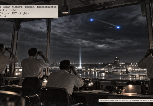Illustration of four controllers in the Logan Airport tower watching two blue lights revolve around each other in the night sky on April 7, 1950