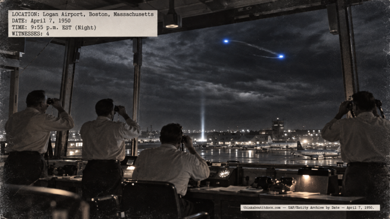 Illustration of four controllers in the Logan Airport tower watching two blue lights revolve around each other in the night sky on April 7, 1950