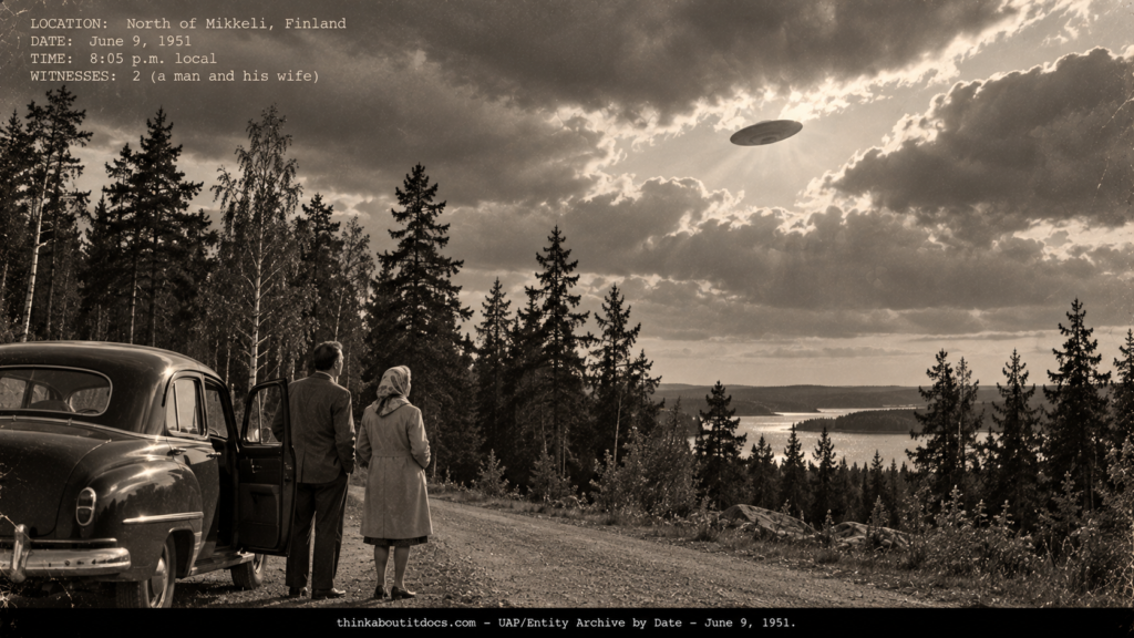 A man and woman beside a stopped car on a Finnish country road watching an aluminum disk cross a gap in broken cloud, June 1951.