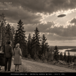 A man and woman beside a stopped car on a Finnish country road watching an aluminum disk cross a gap in broken cloud, June 1951.