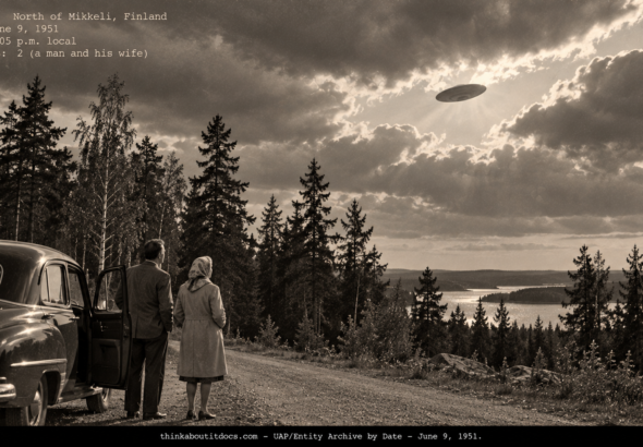A man and woman beside a stopped car on a Finnish country road watching an aluminum disk cross a gap in broken cloud, June 1951.