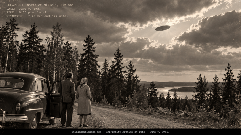 A man and woman beside a stopped car on a Finnish country road watching an aluminum disk cross a gap in broken cloud, June 1951.