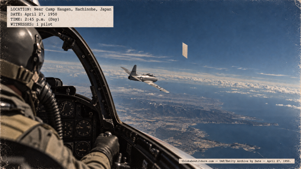 Illustration of an F-80C pilot at 25,000 feet near Hachinohe, Japan, overflying a thin cream-colored rectangular object beside another jet on April 27, 1950