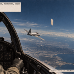 Illustration of an F-80C pilot at 25,000 feet near Hachinohe, Japan, overflying a thin cream-colored rectangular object beside another jet on April 27, 1950