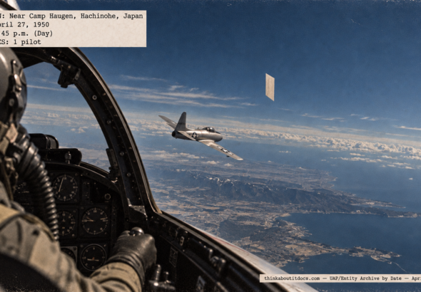 Illustration of an F-80C pilot at 25,000 feet near Hachinohe, Japan, overflying a thin cream-colored rectangular object beside another jet on April 27, 1950