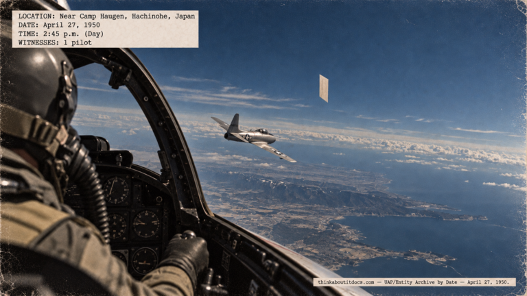 Illustration of an F-80C pilot at 25,000 feet near Hachinohe, Japan, overflying a thin cream-colored rectangular object beside another jet on April 27, 1950