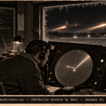 Illustration of a Murphy Dome radar operator tracking a target while F-94 jets take off in the Alaska night, January 22, 1952