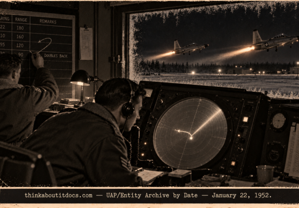 Illustration of a Murphy Dome radar operator tracking a target while F-94 jets take off in the Alaska night, January 22, 1952