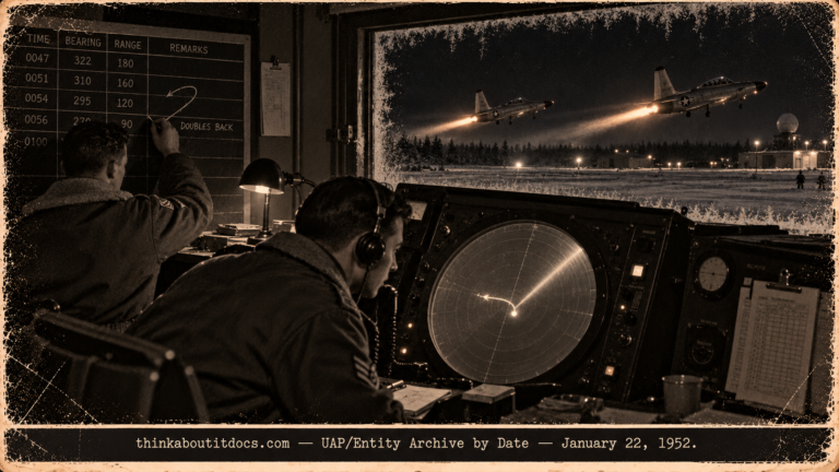 Illustration of a Murphy Dome radar operator tracking a target while F-94 jets take off in the Alaska night, January 22, 1952