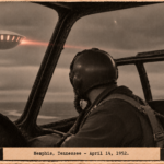 Illustration of two Navy pilots watching a bright inverted bowl with a red trail pass their aircraft near Memphis, Tennessee, April 14, 1952