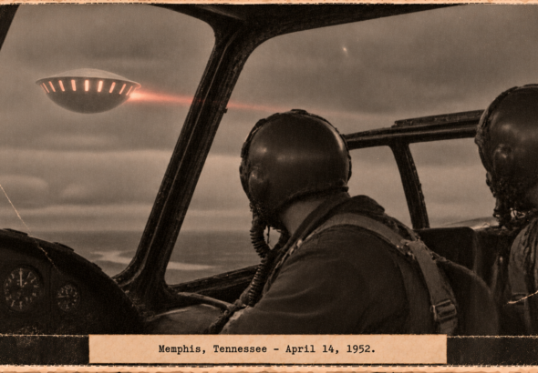 Illustration of two Navy pilots watching a bright inverted bowl with a red trail pass their aircraft near Memphis, Tennessee, April 14, 1952
