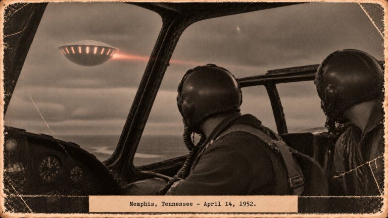 Illustration of two Navy pilots watching a bright inverted bowl with a red trail pass their aircraft near Memphis, Tennessee, April 14, 1952