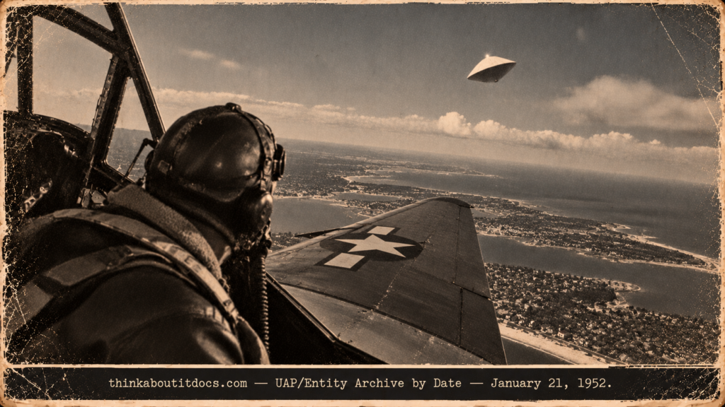 Illustration of a Navy TBM Avenger banking after a parachute-shaped disc near Mitchel AFB, Long Island, January 21, 1952