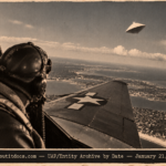 Illustration of a Navy TBM Avenger banking after a parachute-shaped disc near Mitchel AFB, Long Island, January 21, 1952