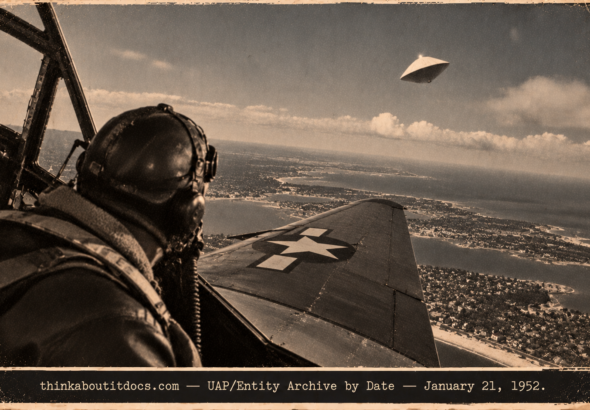 Illustration of a Navy TBM Avenger banking after a parachute-shaped disc near Mitchel AFB, Long Island, January 21, 1952
