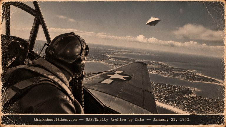 Illustration of a Navy TBM Avenger banking after a parachute-shaped disc near Mitchel AFB, Long Island, January 21, 1952