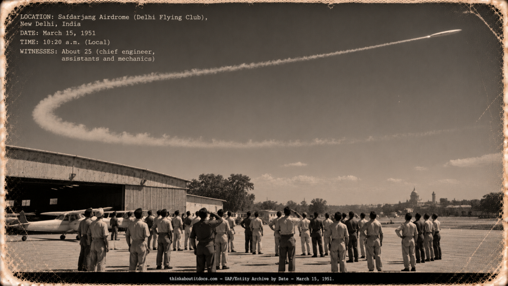 Delhi Flying Club mechanics on a taxi strip watching a cigar-shaped object and its white exhaust loop in the sky, March 1951.