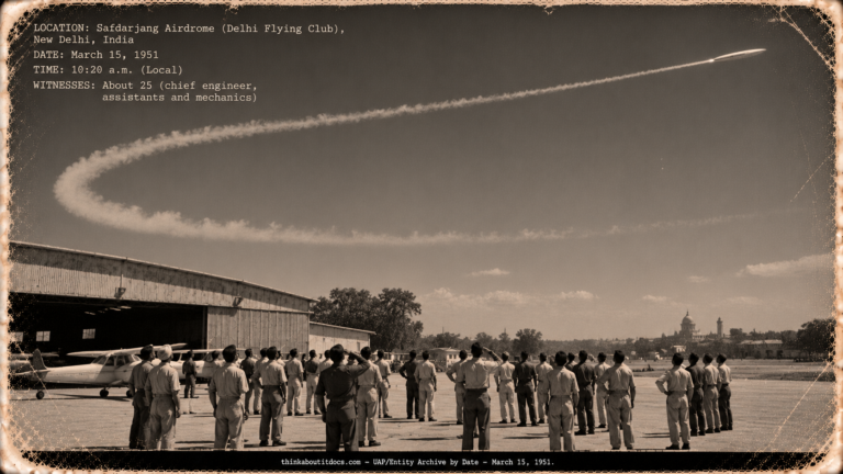 Delhi Flying Club mechanics on a taxi strip watching a cigar-shaped object and its white exhaust loop in the sky, March 1951.