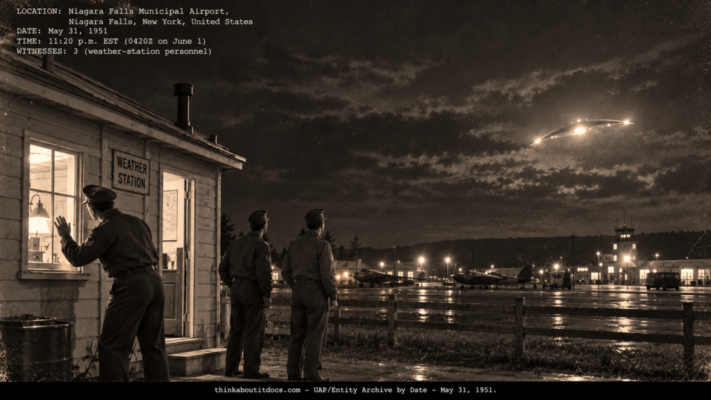 Three weather-station airmen outside a Niagara Falls airport building watching a glowing saucer with arc-shaped wings under broken cloud, May 1951.