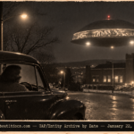 Illustration of a woman in a parked 1940 sedan watching a stainless-steel dome with a glowing band hover over the Norwalk Armory, January 22, 1952