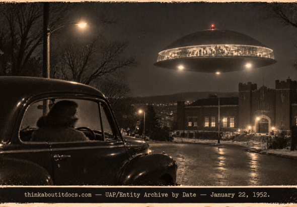 Illustration of a woman in a parked 1940 sedan watching a stainless-steel dome with a glowing band hover over the Norwalk Armory, January 22, 1952