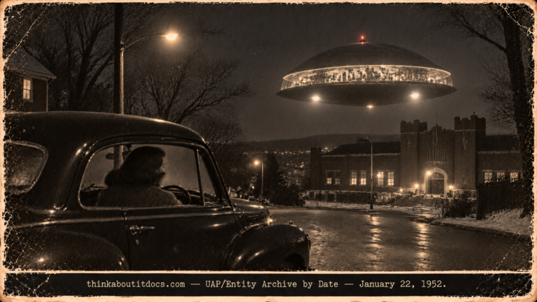 Illustration of a woman in a parked 1940 sedan watching a stainless-steel dome with a glowing band hover over the Norwalk Armory, January 22, 1952