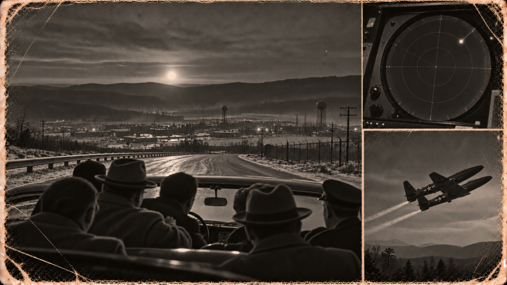 Illustration of a car on a frosty Oak Ridge turnpike with passengers watching a bright circle of light above a ridge, December 18, 1950